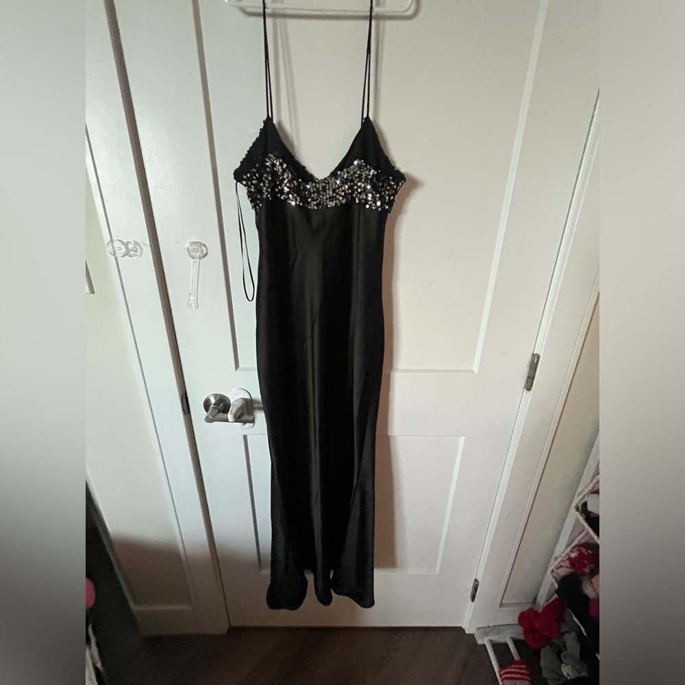 Zara Black Satin Dress with Sequin Detail - Picture 5 of 6